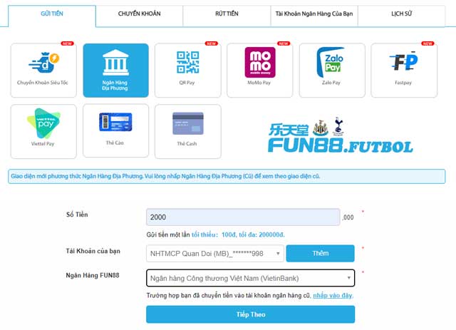 Cách gửi tiền Fun88 dễ dàng qua ngân hàng địa phương