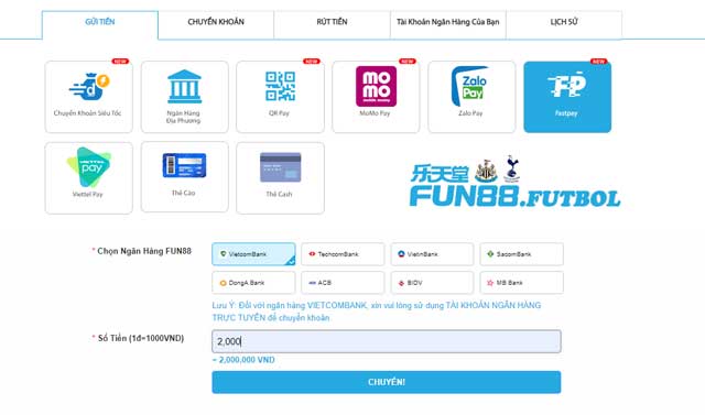 Cách chuyển tiền vào fun88 cực nhanh với fastpay