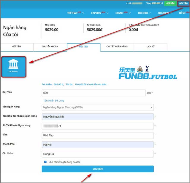 Tiến hành rút tiền từ Fun88