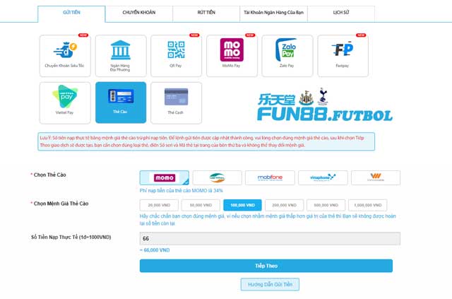Nạp tiền Fun88 siêu đơn giản qua thẻ cào